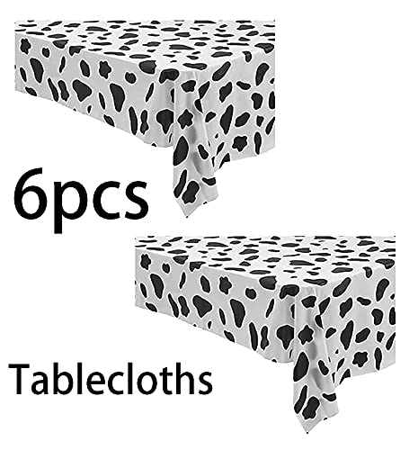 6 Pack Disposable Black and White Cow Print Plastic Tablecloth, 108 Inch x 54 Inch Ractangle Tablecover, for Party, Dance and Picnic (Black and White Cow Print)