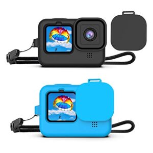 2sets silicone rubber protective case for gopro hero 9/10/11, silicone sleeve housing case with lanyard lens caps (black and blue)