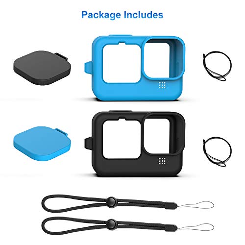 2Sets Silicone Rubber Protective Case for Gopro Hero 9/10/11, Silicone Sleeve Housing Case with Lanyard Lens Caps (Black and Blue)