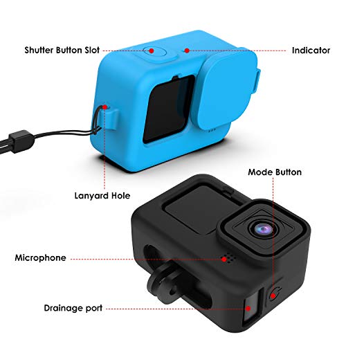 2Sets Silicone Rubber Protective Case for Gopro Hero 9/10/11, Silicone Sleeve Housing Case with Lanyard Lens Caps (Black and Blue)