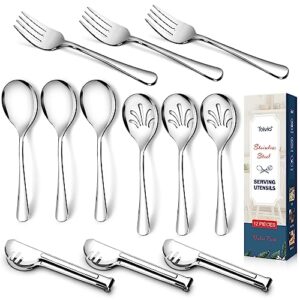 stainless steel metal serving utensils - large serving sets - 10" spoons, 10" slotted spoons, 10" forks and 9" tongs by teivio (silver, 12 - pieces)