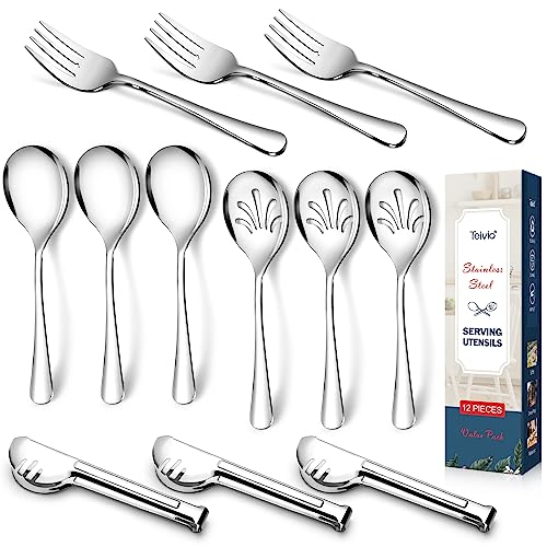 Stainless Steel Metal Serving Utensils - Large Serving sets - 10" Spoons, 10" Slotted Spoons, 10" Forks and 9" Tongs by Teivio (Silver, 12 - Pieces)