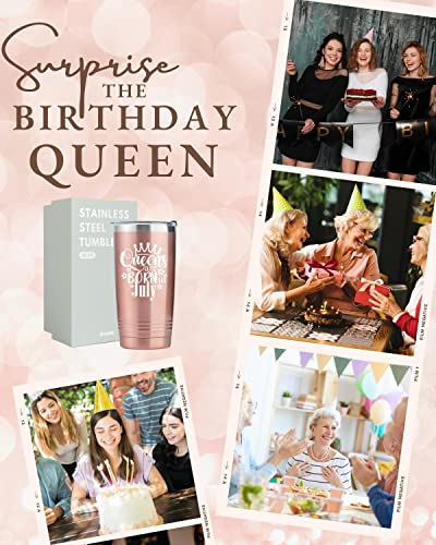 Onebttl Happy Birthday Tumbler for Women, Funny Birthday Gifts for Her, Girlfriend, Friends, Wife, Mom, Daughter, Sister, 20 oz Stainless Steel Cup with Lid, Rose Gold, Queens are Born in July
