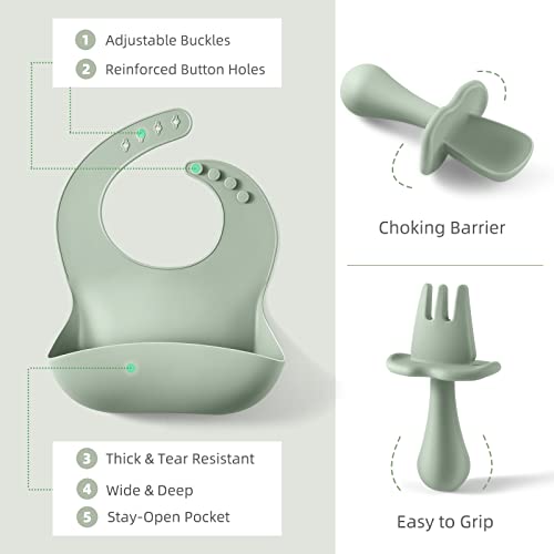 CSFICTS Baby Led Weaning Supplies - Silicone Baby Feeding Set - Suction Bowl Divided Plate Straw Sippy Cup - Toddler Self Feeding Eating Utensils Dishes Set with Bibs Spoon Fork - 6 Months