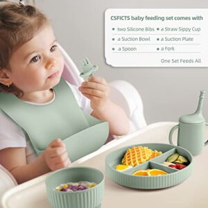 CSFICTS Baby Led Weaning Supplies - Silicone Baby Feeding Set - Suction Bowl Divided Plate Straw Sippy Cup - Toddler Self Feeding Eating Utensils Dishes Set with Bibs Spoon Fork - 6 Months