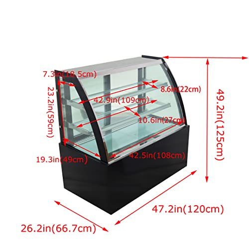 INTSUPERMAI Glass Bakery Display Case 46" Floor Standing Refrigerated Cake Showcase Bakery Cabinet Display Refrigerators Cake Showcase Arc Back Door Yellow LED Lighting 220V