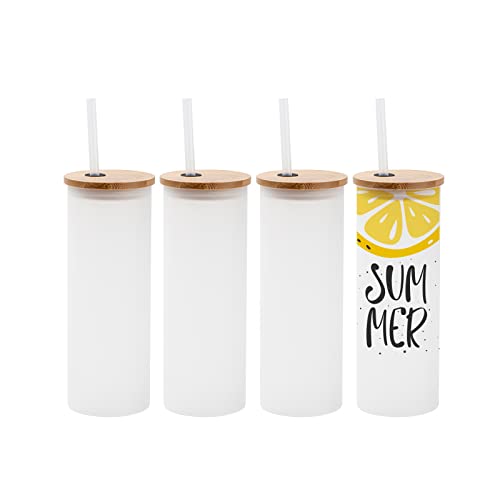 Sublifun 4 Pack Sublimation Glass Frosted Tumbler with Bamboo Lid and Straws 17 OZ 500 ML,Straight Sublimatin Skinny Drinking Glasses for Iced Coffee, Milk, Juice,Polymer Coating for Heat Transfer