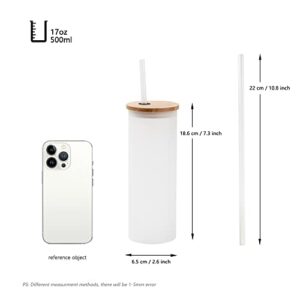 Sublifun 4 Pack Sublimation Glass Frosted Tumbler with Bamboo Lid and Straws 17 OZ 500 ML,Straight Sublimatin Skinny Drinking Glasses for Iced Coffee, Milk, Juice,Polymer Coating for Heat Transfer