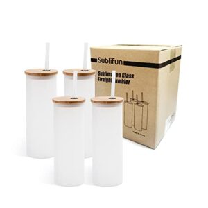 Sublifun 4 Pack Sublimation Glass Frosted Tumbler with Bamboo Lid and Straws 17 OZ 500 ML,Straight Sublimatin Skinny Drinking Glasses for Iced Coffee, Milk, Juice,Polymer Coating for Heat Transfer