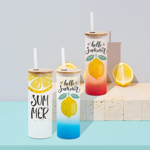 Sublifun 4 Pack Sublimation Glass Frosted Tumbler with Bamboo Lid and Straws 17 OZ 500 ML,Straight Sublimatin Skinny Drinking Glasses for Iced Coffee, Milk, Juice,Polymer Coating for Heat Transfer