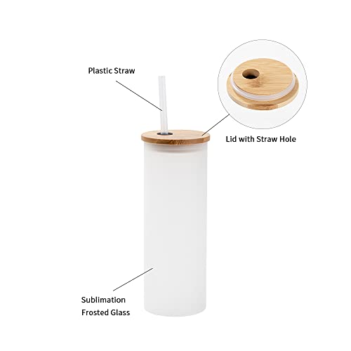 Sublifun 4 Pack Sublimation Glass Frosted Tumbler with Bamboo Lid and Straws 17 OZ 500 ML,Straight Sublimatin Skinny Drinking Glasses for Iced Coffee, Milk, Juice,Polymer Coating for Heat Transfer