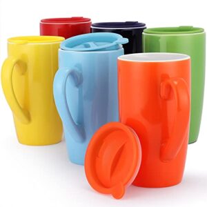 vivimee 6 pack ceramic coffee mug set with lids, 18 ounce large tall colored coffee mugs with lid, coffee mug set for your coffee & tea, porcelain tea cups for coffee, milk, office, home
