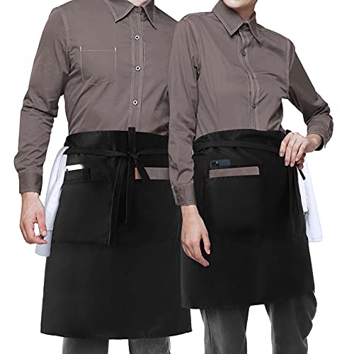 ROTANET Server Aprons Black Half Bistro Apron with 3 Pockets 22 Inch Waiter Waitress Long waist Apron for Men Women Waterpoof