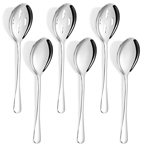 Bonasen 10.1-Inch 6-Piece Serving Spoons - Includes 3 Large Serving Spoons and 3 Slotted Spoons, Stainless Steel Buffet Serving Utensils,Metal Serving Spoons Set for Parties