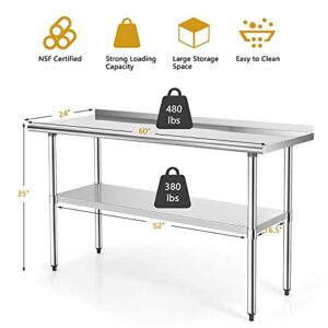 Giantex 60x24 Inches Stainless Steel Table with Backsplash, Metal Commercial Kitchen Table for Prep & Work with Adjustable Undershelf, Heavy-Duty Prep Table