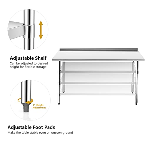 Giantex 60x24 Inches Stainless Steel Table with Backsplash, Metal Commercial Kitchen Table for Prep & Work with Adjustable Undershelf, Heavy-Duty Prep Table