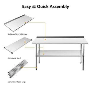 Giantex 60x24 Inches Stainless Steel Table with Backsplash, Metal Commercial Kitchen Table for Prep & Work with Adjustable Undershelf, Heavy-Duty Prep Table