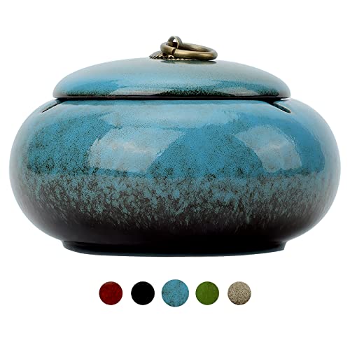 Large Size Color Glaze Cigarette Ashtray Windproof and Rainproof Outdoor Ceramic Ashtray Travel Portable Ash Tray with Metal Lifting Ring Lid Decorative Ashtray (Blue)