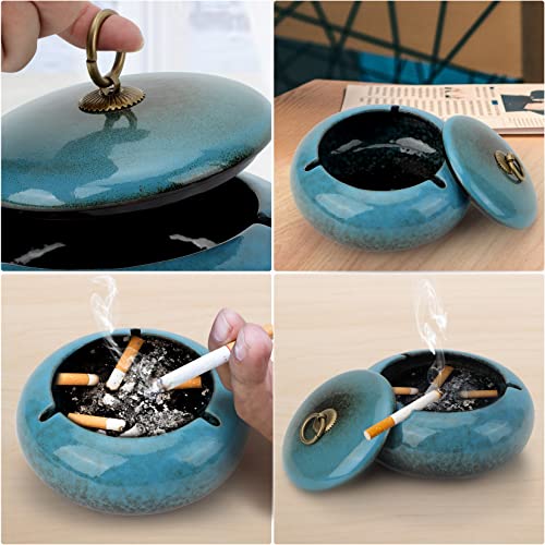 Large Size Color Glaze Cigarette Ashtray Windproof and Rainproof Outdoor Ceramic Ashtray Travel Portable Ash Tray with Metal Lifting Ring Lid Decorative Ashtray (Blue)