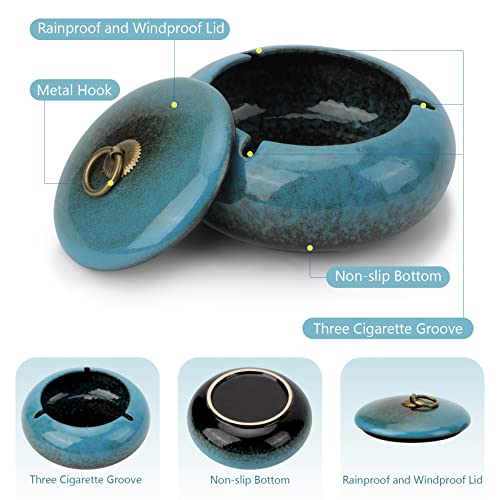 Large Size Color Glaze Cigarette Ashtray Windproof and Rainproof Outdoor Ceramic Ashtray Travel Portable Ash Tray with Metal Lifting Ring Lid Decorative Ashtray (Blue)