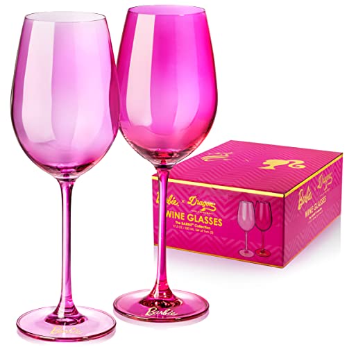 Dragon Glassware x Barbie Wine Glasses, Pink and Magenta Crystal Glass, As Seen in Barbie The Movie, 17.5 oz Capacity, Set of 2