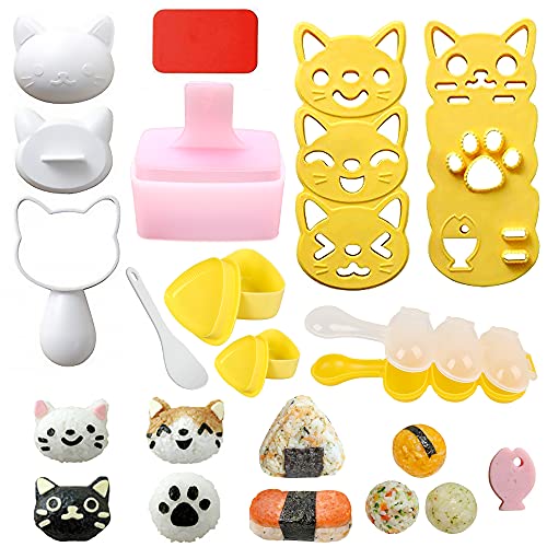 Cute Cat Rice Ball Molds 6 Sets Sushi Molds Bento Box Accessories Kits with 1PC Musubi Maker Press Mold, 2PCS Gimbap Molds Triangle and 1PC Rice Ball Mold Shaker for DIY Fun Lunch Box Picnic Tool