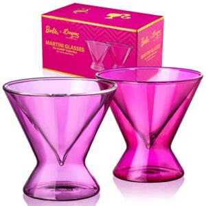 dragon glassware x barbie martini glasses, stemless pink and magenta double wall insulated cocktail glasses, as seen in barbie the movie, 7 oz capacity, set of 2