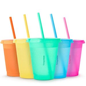 kids tumblers with lids and straws - 5 reusable cups with lids and straws, 16oz glitter tumbler cute cups for kids in rainbow colors, reusable plastic tumblers cups with lids and straws for smoothie