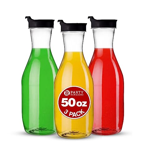 Party Bargains 50 oz. Plastic Carafe with Lids - Clear, 3 Count, Black Flip Tab Lid Premium Quality & Heavy Duty Plastic Pitcher for Iced Tea, Powdered Juice, Cold Brew, Mimosa Bar