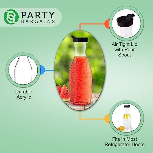 Party Bargains 50 oz. Plastic Carafe with Lids - Clear, 3 Count, Black Flip Tab Lid Premium Quality & Heavy Duty Plastic Pitcher for Iced Tea, Powdered Juice, Cold Brew, Mimosa Bar