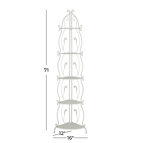 Deco 79 Metal Scroll Indoor Outdoor Tall Folding 5 Shelf Bakers Rack, 16" x 12" x 71", White