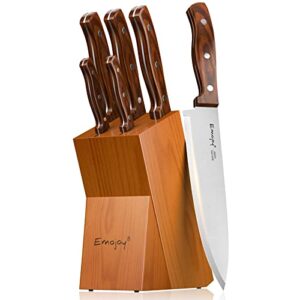 emojoy kitchen knife set,knife set for kitchen with block 6 pcs high carbon stainless steel wooden handle knife block set without steak knives…