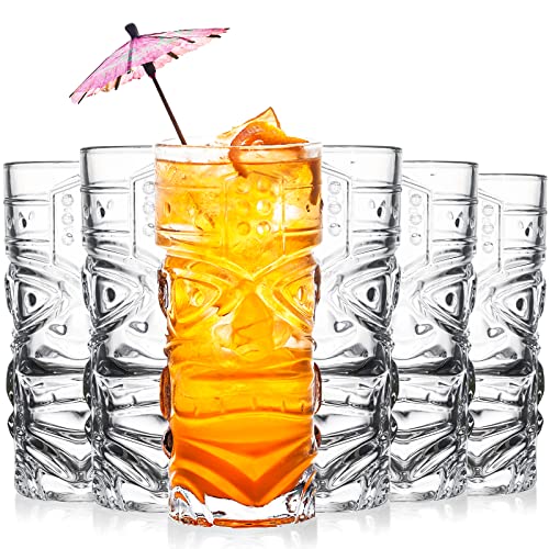 Cedilis 6 Pack 14oz Tiki Glasses Modern Bar Tiki Cup Tiki Mug, Perfect for Mai Tai, Exotic Zombie Cocktails, Tropical Island Drinks Tiki Bar Professional Hawaiian Party Barware