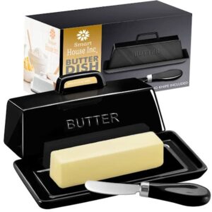 ceramic butter dish set with lid and knife - [black]- decorative butter stick holder with handle for 1 stick of butter - microwave safe, dishwasher safe - anti-scratch stickers included.