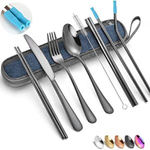 portable travel utensils silverware set with case,reusable trave stainless steel camping cutlery set with chopsticks and straw, portable flatware with case for office school picnic bf(black)
