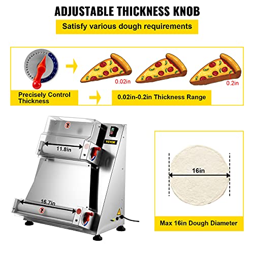 VEVOR Pizza Dough Roller Sheeter, Max 16" Automatic Commercial 370W Electric, Stainless Steel, Suitable for Noodle Pizza Bread and Pasta Maker Equipment