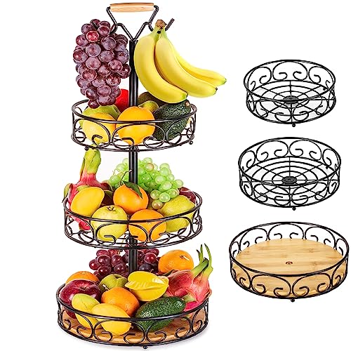 ETECHMART Fruit Basket, Vegetables Countertop Bowl Storage With Banana Hanger, Detachable Bread, Snacks Baskets Holder Large Capacity Fruit Tray (Bamboo&Iron - 3 Tier)