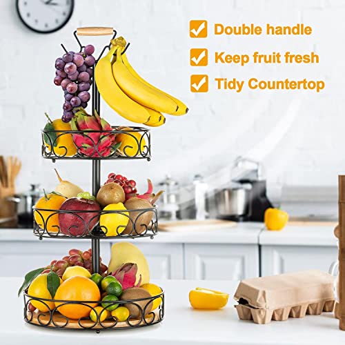 ETECHMART Fruit Basket, Vegetables Countertop Bowl Storage With Banana Hanger, Detachable Bread, Snacks Baskets Holder Large Capacity Fruit Tray (Bamboo&Iron - 3 Tier)