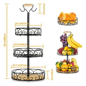 ETECHMART Fruit Basket, Vegetables Countertop Bowl Storage With Banana Hanger, Detachable Bread, Snacks Baskets Holder Large Capacity Fruit Tray (Bamboo&Iron - 3 Tier)