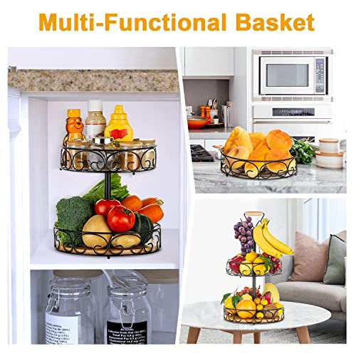 ETECHMART Fruit Basket, Vegetables Countertop Bowl Storage With Banana Hanger, Detachable Bread, Snacks Baskets Holder Large Capacity Fruit Tray (Bamboo&Iron - 3 Tier)