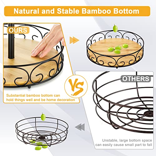 ETECHMART Fruit Basket, Vegetables Countertop Bowl Storage With Banana Hanger, Detachable Bread, Snacks Baskets Holder Large Capacity Fruit Tray (Bamboo&Iron - 3 Tier)