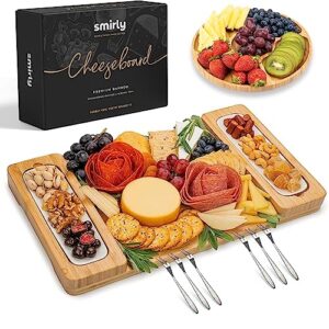 smirly bamboo cheese board set - large charcuterie board set - wooden cheese boards charcuterie boards - unique housewarming gift - appetizer & cheese platter, meat and cheese tray, wood serving board