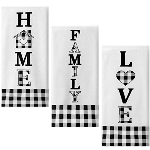 3 Pieces Buffalo Plaid Home Family Love, Black and White,Country Christmas Kitchen Towels Set Fast Drying Farmhouse, Decorative Towels for Cooking Baking (Cute)