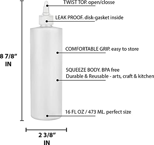 BRIGHTFROM Condiment Squeeze Bottles, 16 OZ Empty Squirt Bottle with Twist Top Cap, Leak Proof - Great for Ketchup, Mustard, Syrup, Sauces, Dressing, Oil, Arts and Crafts, BPA FREE Plastic - 2 PACK