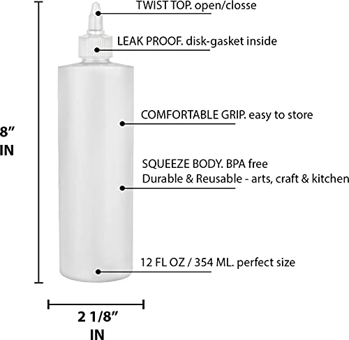 BRIGHTFROM Condiment Squeeze Bottles, 12 OZ Empty Squirt Bottle with Twist Top Cap, Leak Proof - Great for Ketchup, Mustard, Syrup, Sauces, Dressing, Oil, Arts and Crafts, BPA FREE Plastic - 2 PACK
