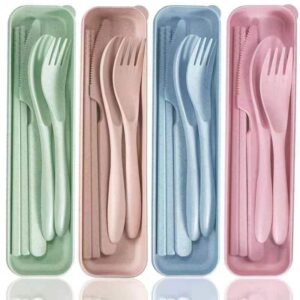 reusable utensil set with case,travel utensil with chopsticks,wheat straw silverware including knife spoon fork 4 sets for travel picnic camping or daily use(green,beige,pink,blue)