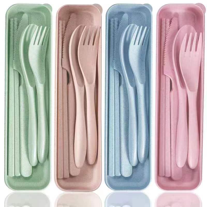 Reusable Utensil Set with Case,Travel Utensil with Chopsticks,Wheat Straw Silverware Including Knife Spoon Fork 4 Sets for Travel Picnic Camping or Daily Use(Green,Beige,Pink,Blue)