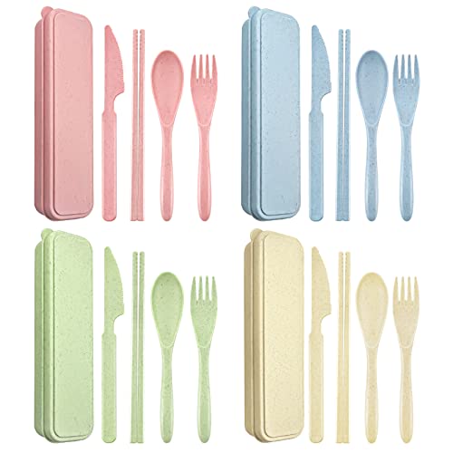 Reusable Utensil Set with Case,Travel Utensil with Chopsticks,Wheat Straw Silverware Including Knife Spoon Fork 4 Sets for Travel Picnic Camping or Daily Use(Green,Beige,Pink,Blue)