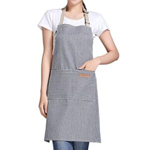 ruibolu adjustable bib apron with 2 pockets cooking kitchen cotton aprons for women men chef restaurant bbq painting crafting, long ties neck strap (khaki stripes)
