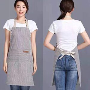 RUIBOLU Adjustable Bib Apron with 2 Pockets Cooking Kitchen Cotton Aprons for Women Men Chef Restaurant BBQ Painting Crafting, Long Ties Neck Strap (Khaki Stripes)